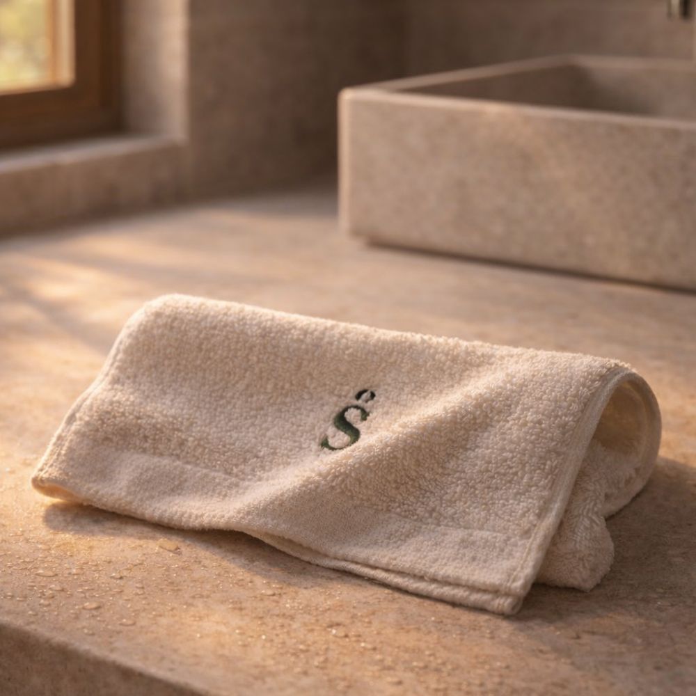 Toalla facial de algodón orgánico GOTS Saper color crudo 30x50 con bordado verde